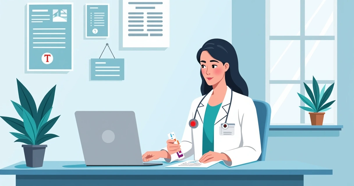 Interpretação dos testes de diagnóstico de HIV em novos pacientes 1 Profissional de saúde realizando teste rápido de HIV em mesa, com resultado visível na tira.