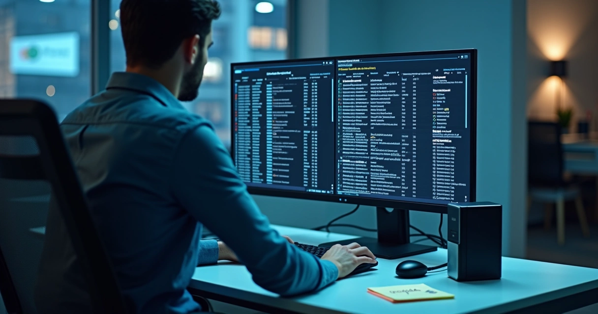 Profissional testando restauração de backup em workstation 