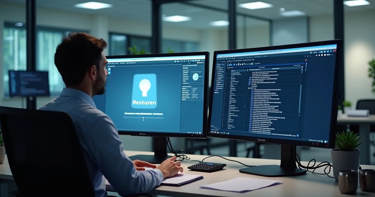 Profissional testando backup restaurando arquivos em ambiente contábil 