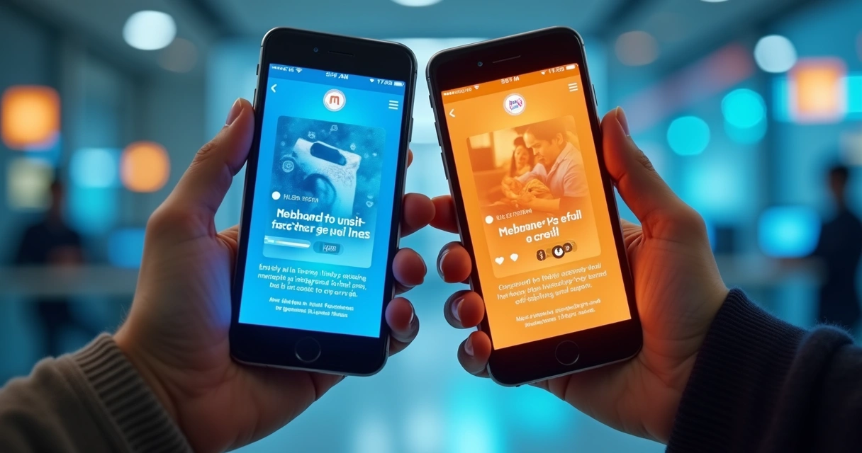 Duas mãos segurando celulares com telas exibindo versões diferentes de anúncio 