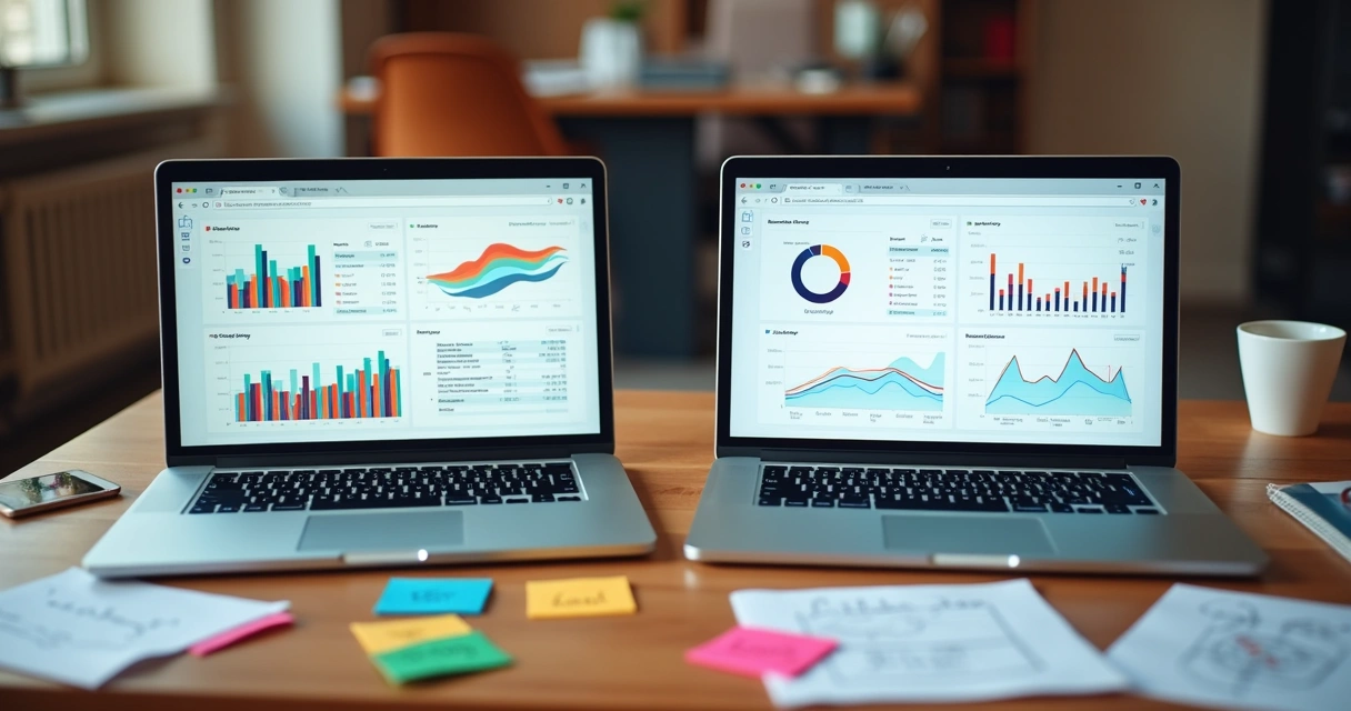 Dois computadores abertos lado a lado mostrando gráficos diferentes em telas brilhantes