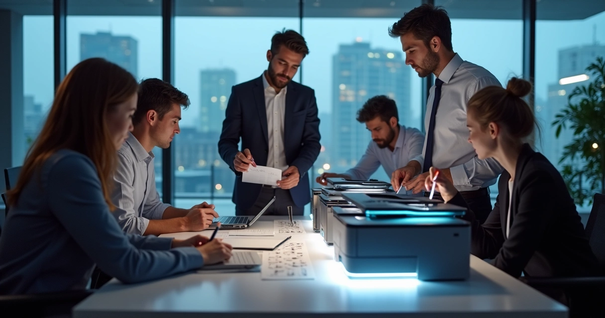 Equipe de TI testando impressoras em ambiente corporativo