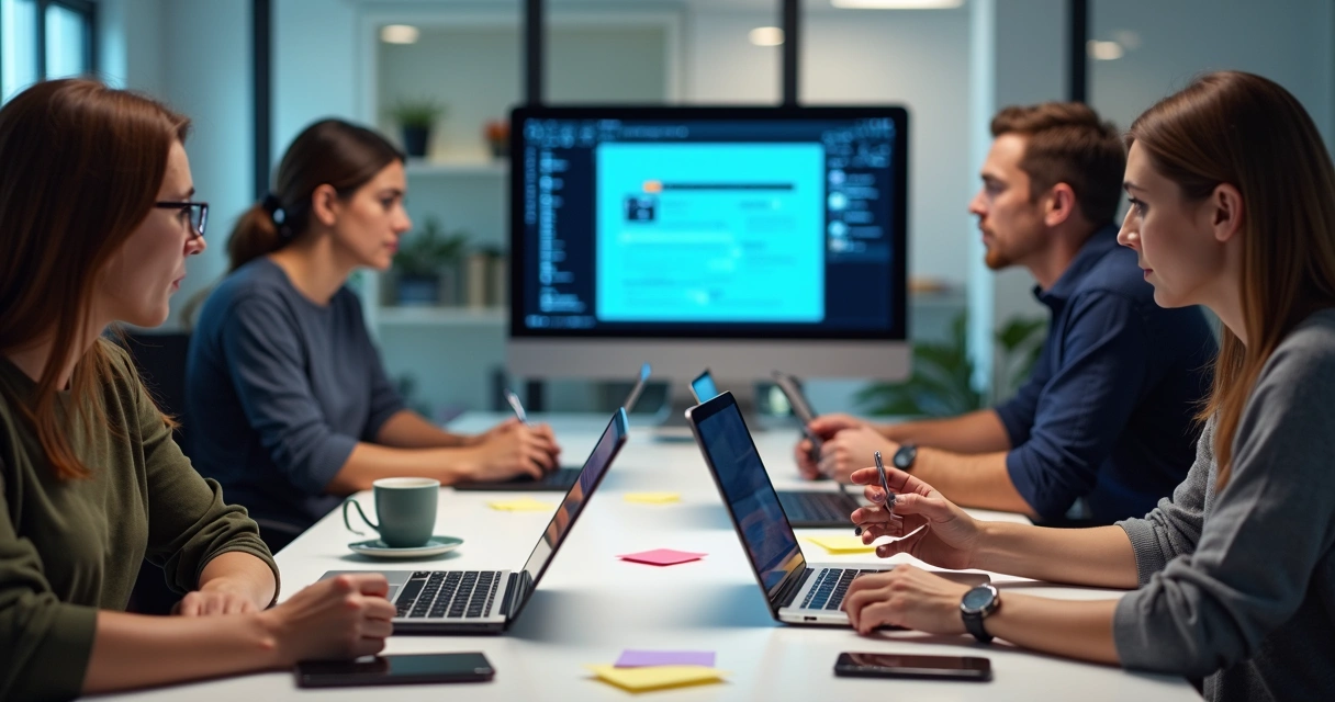 Equipe testando interface digital com dispositivos diversos em ambiente de trabalho 