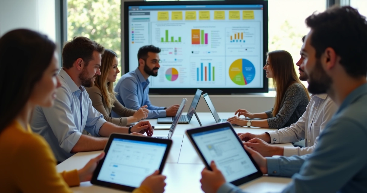 Grupo testando aplicativo em diferentes dispositivos, tablets e computadores 