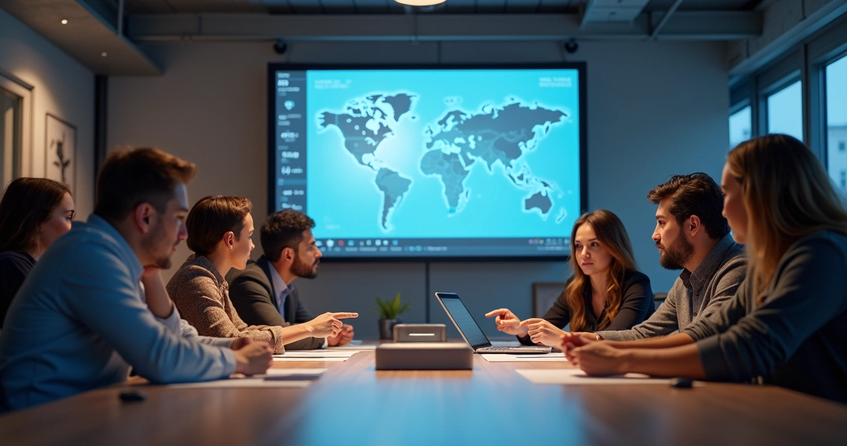 Grupo analisando protótipo digital em sala de reunião 