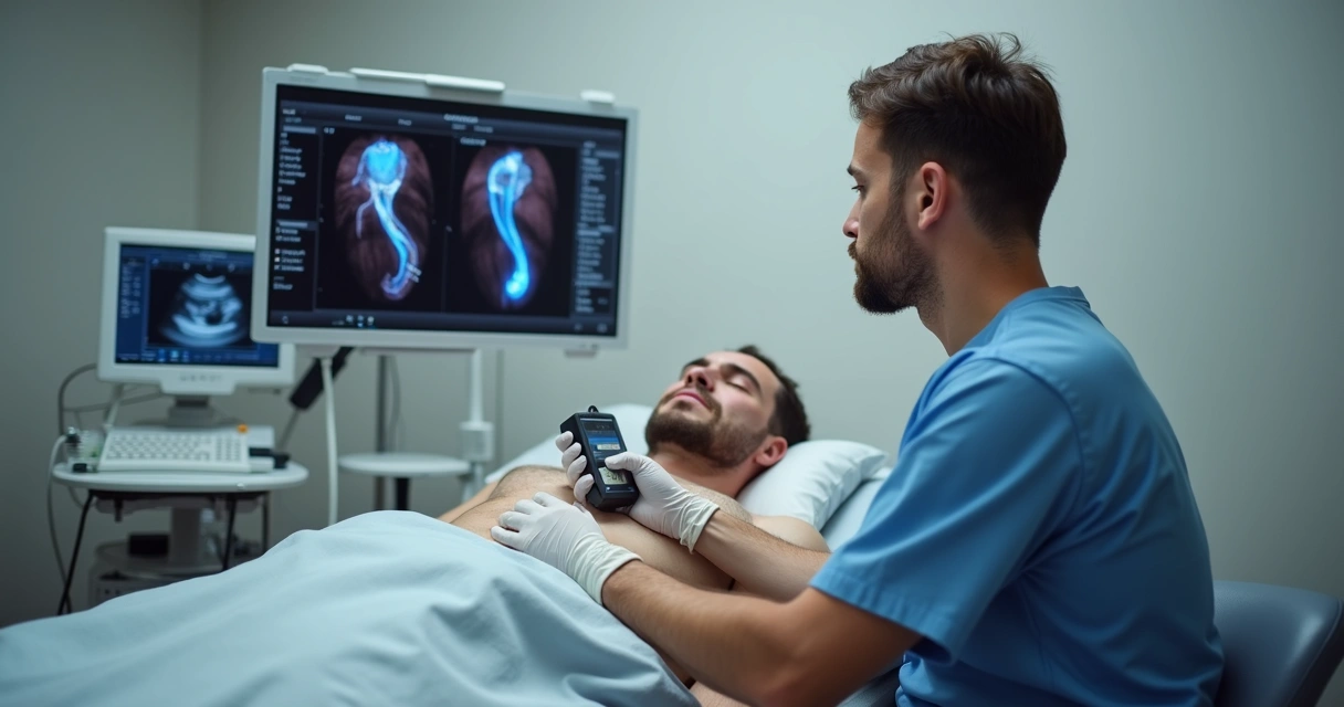 Médico realizando ultrassom com doppler em testículo 