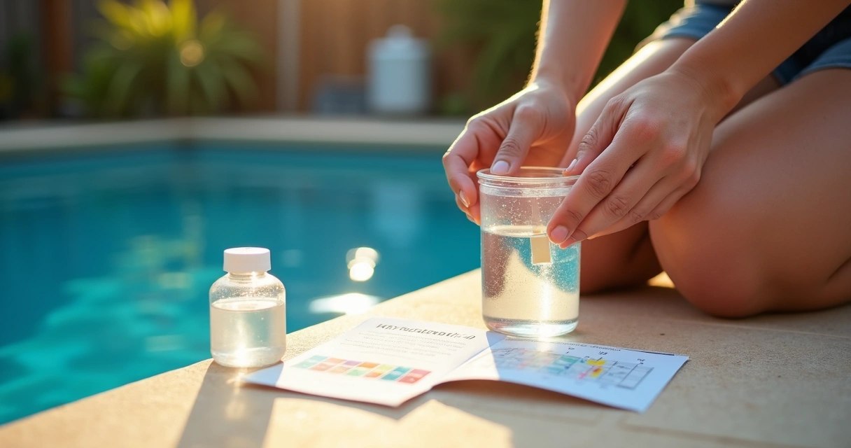 Person kneeling by pool using salt test strip and container of water 