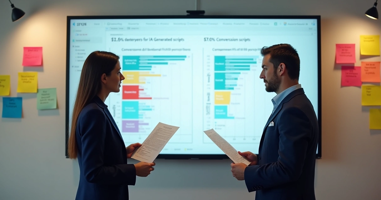 Dois vendedores testando dois roteiros de vendas e comparando resultados em tela