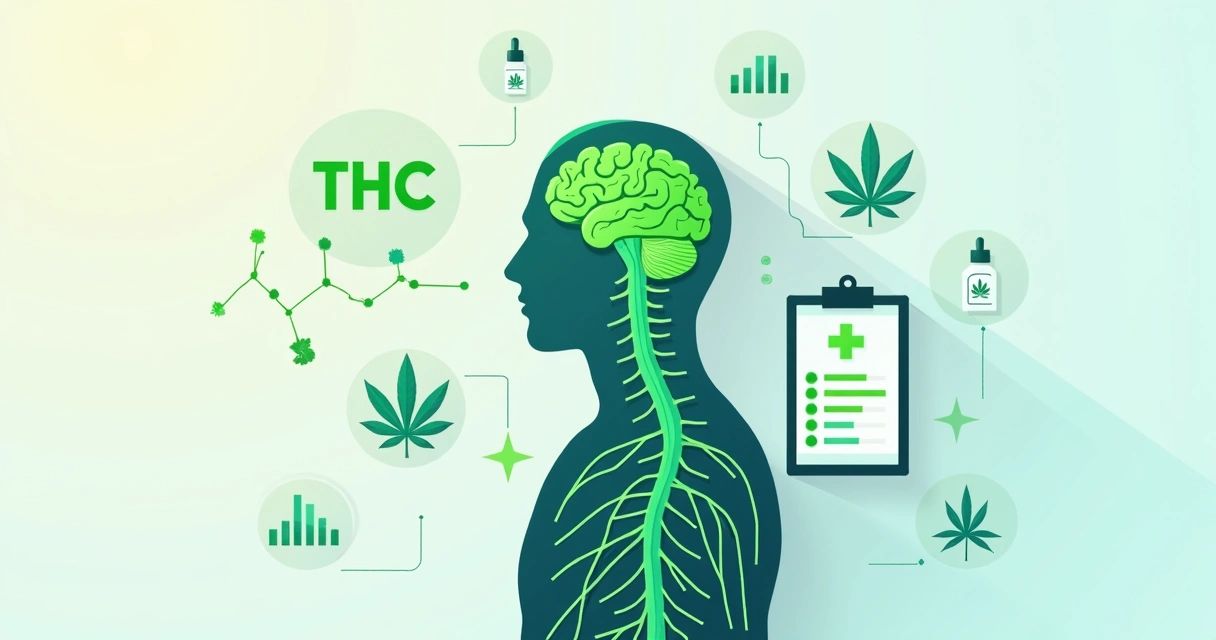 Ilustração de molécula de THC ligada ao cérebro e ao corpo em contexto de uso medicinal 
