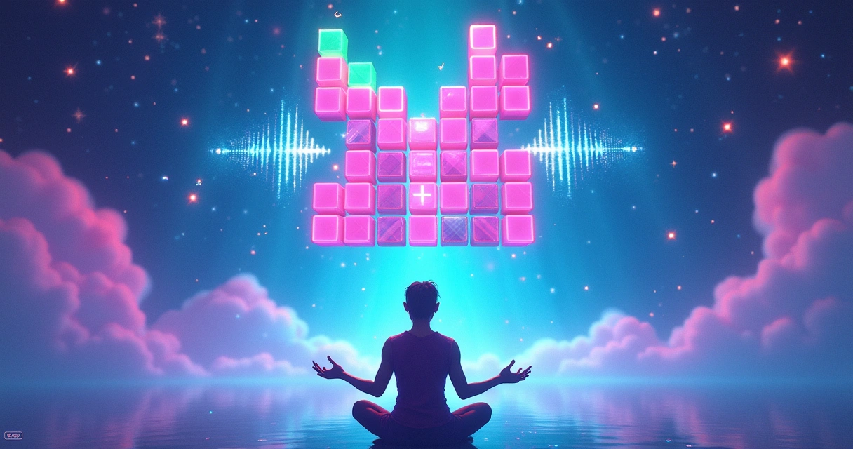 Ilustração do jogo Tetris Effect com blocos coloridos e ondas sonoras flutuando em um fundo relaxante.
