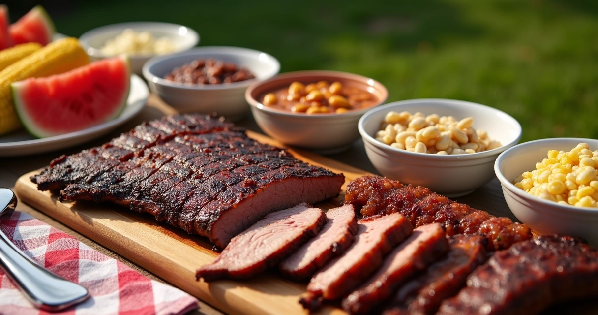 Outdoor Texas barbecue feast with brisket, sausage links, and classic sides 