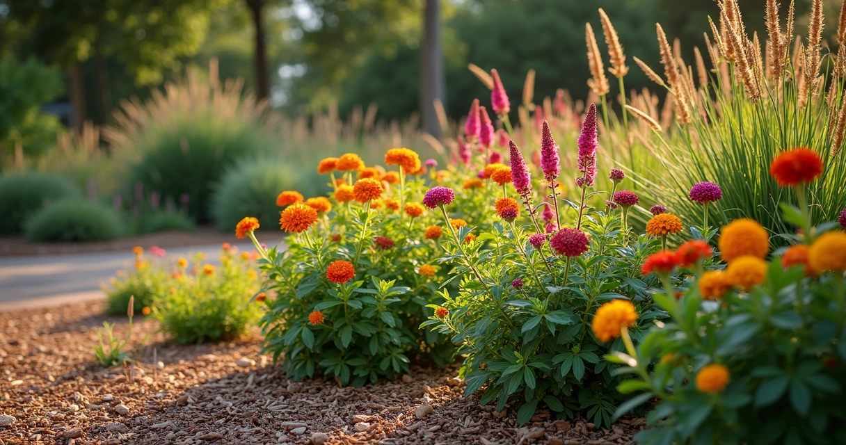 Drought-tolerant Texas native garden in daytime sun 