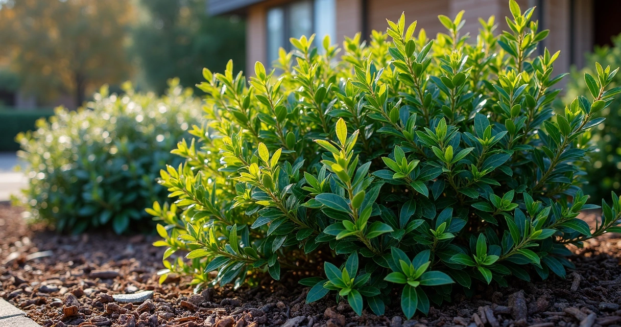 Texas mountain laurel and yaupon holly mulched in winter