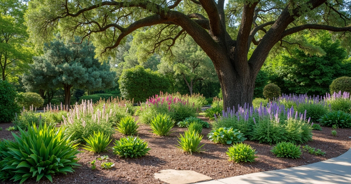 Group of fire-resistant Texas native plants with mulch and stone border 