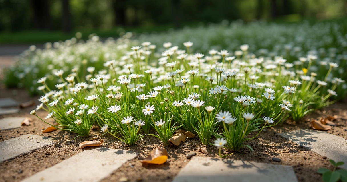 Mat of Texas frogfruit with small white flowers in garden. 