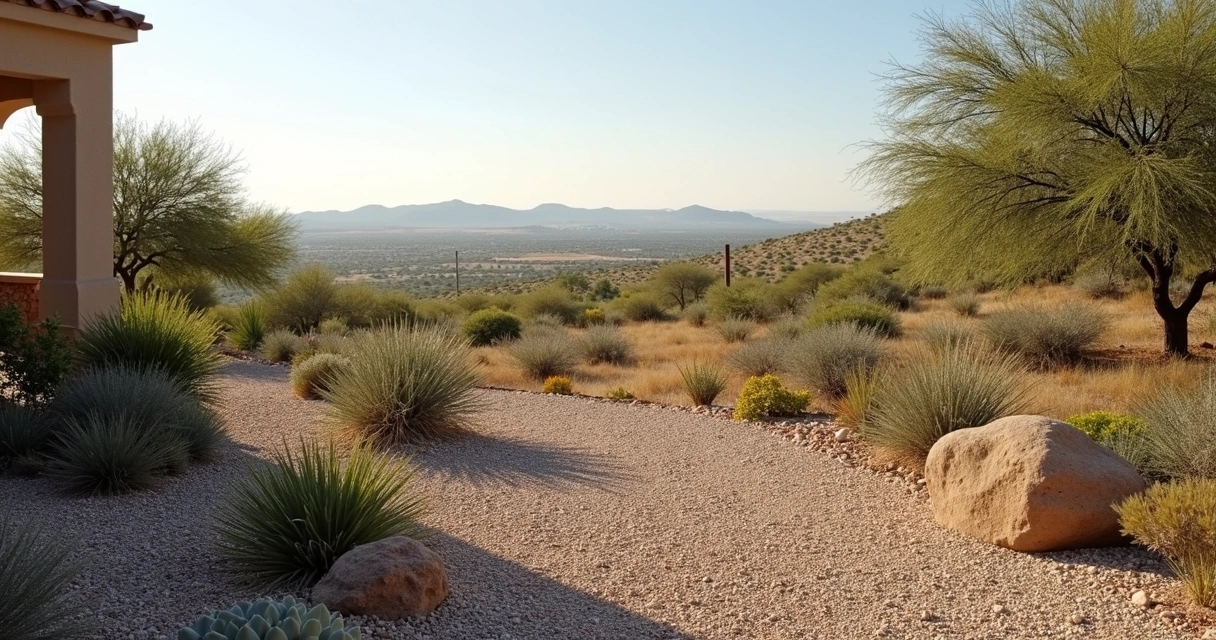 Wide buffer zone with gravel, sparse fire-resistant shrubs in Texas landscape 