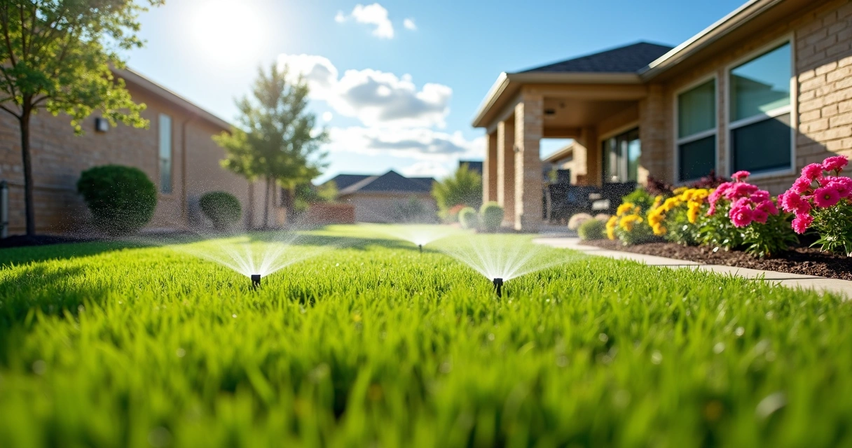 Green Texas lawn with modern irrigation system 