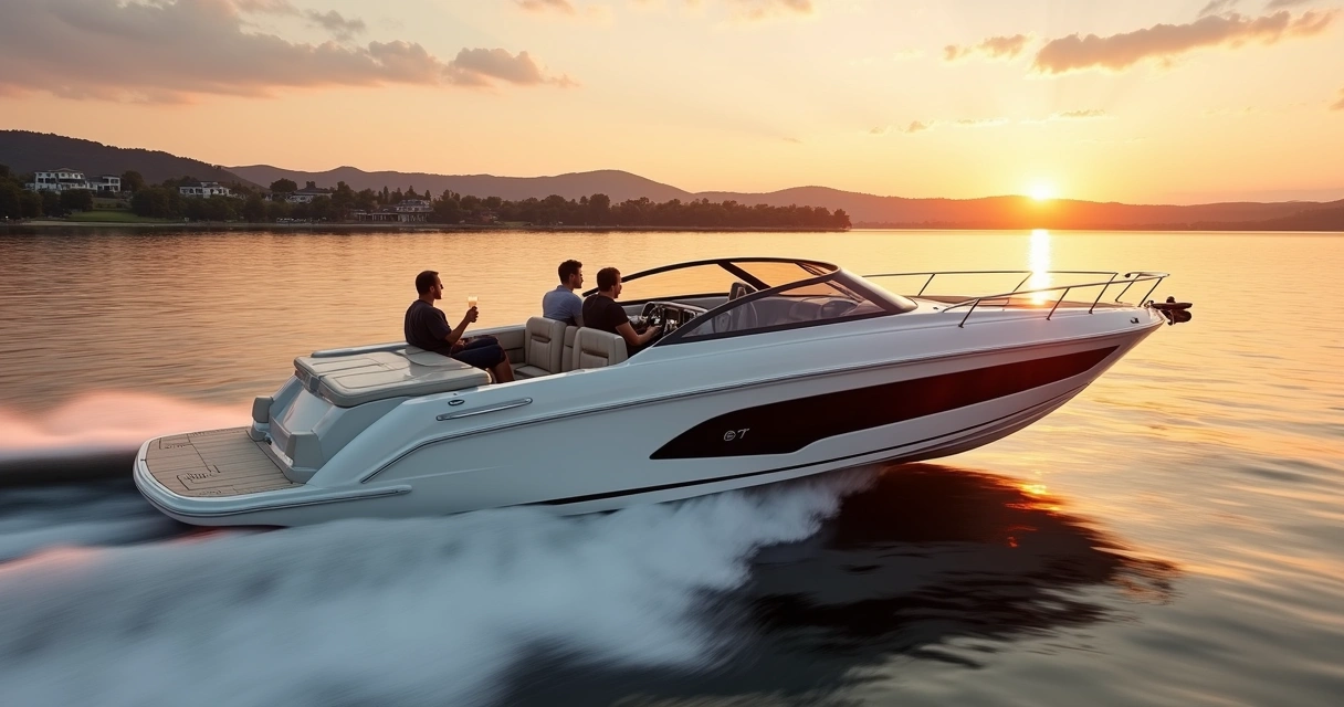 Luxury powerboat on clear lake in Texas with sunset in background, upscale details visible