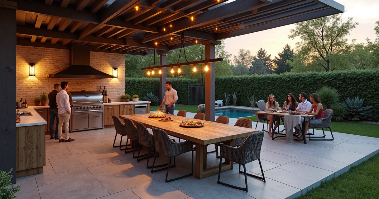 Texas outdoor gourmet space with dining area, grill, and pergola