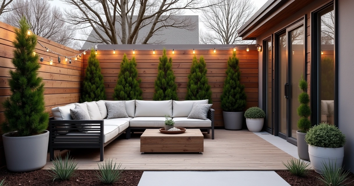 Covered Texas backyard patio with winter landscaping