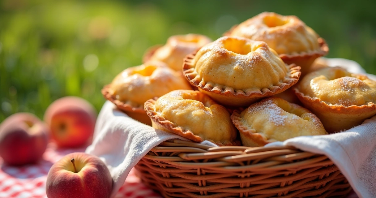 Peach hand pies in basket on picnic blanket with fresh peaches