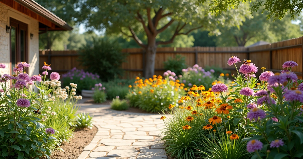 Modern Texas garden with native pollinator plants and butterflies 