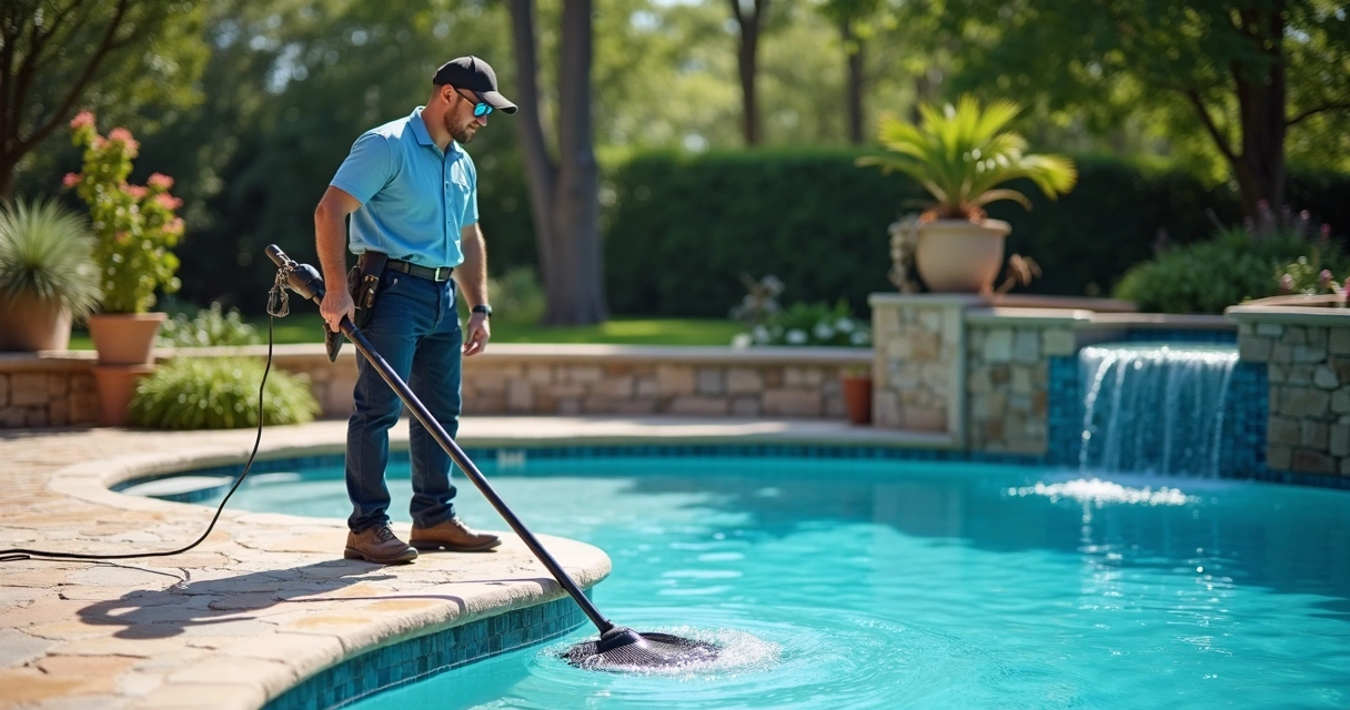Pool technician cleaning masonry pool Texas summer