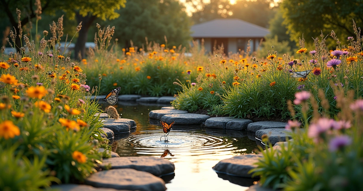 Texas rain garden with grasses, wildflowers, and shallow basin 