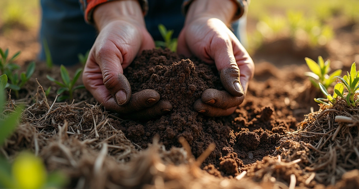 Hands adding compost to dry Texas soil 