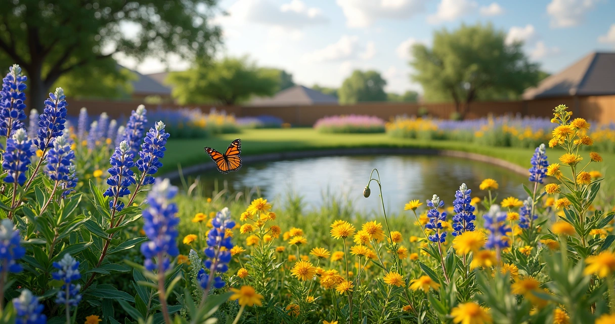 Wildflowers garden with bluebonnets and butterfly 