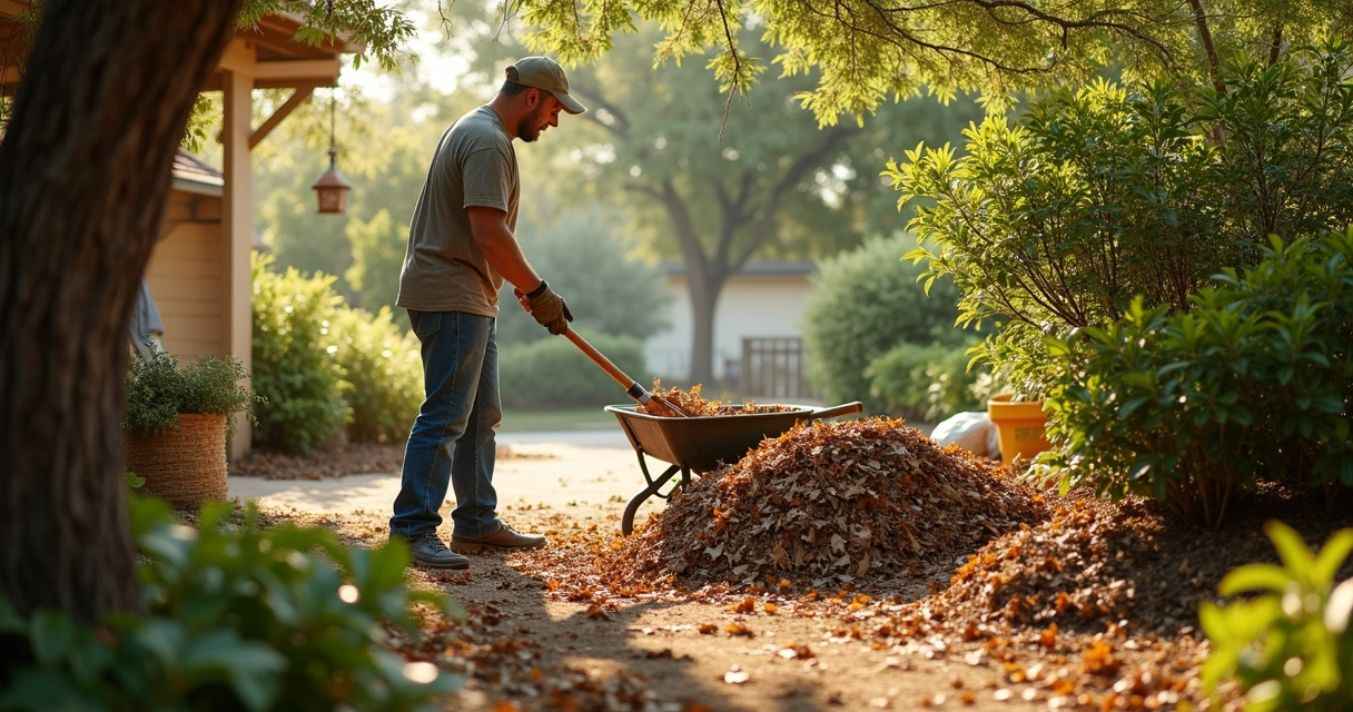 Texas homeowner raking leaves and trimming native shrubs in July 