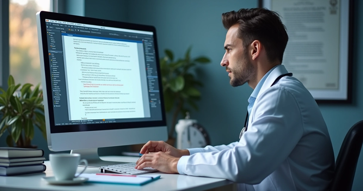 Médico revisando conteúdo gerado por IA em computador 
