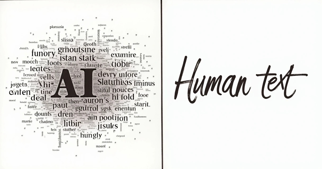 Comparação visual de um texto escrito por IA cheio de marcadores, conectores e repetições ao lado de um texto humano mais direto 