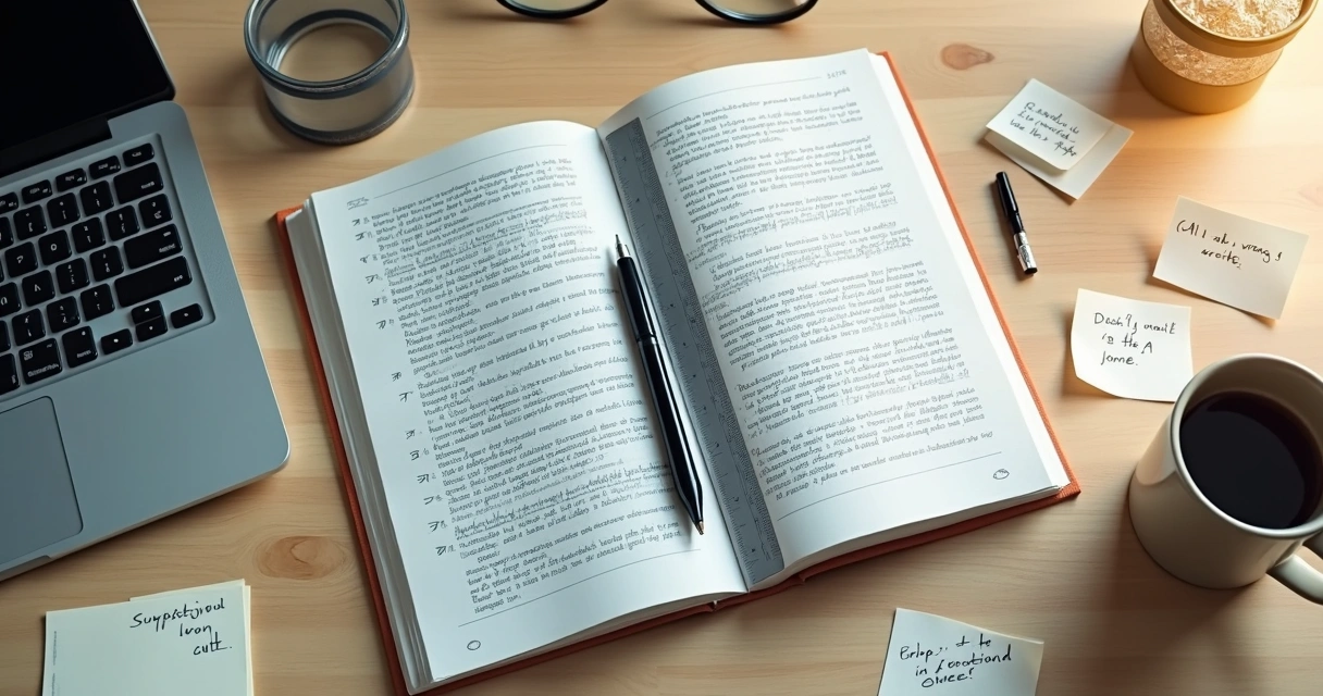 Divisão visual entre texto robótico e texto humano em caderno sobre mesa de trabalho 