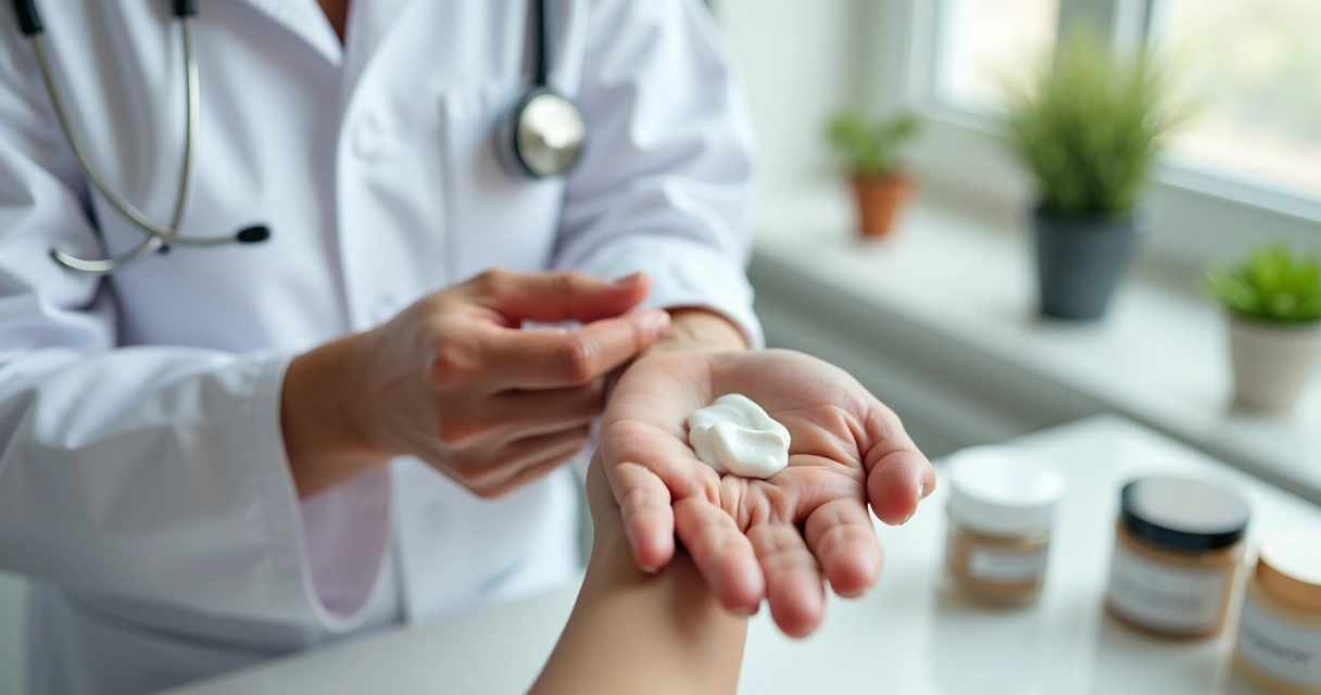 Creme dermatológico sendo aplicado na pele de uma mão 