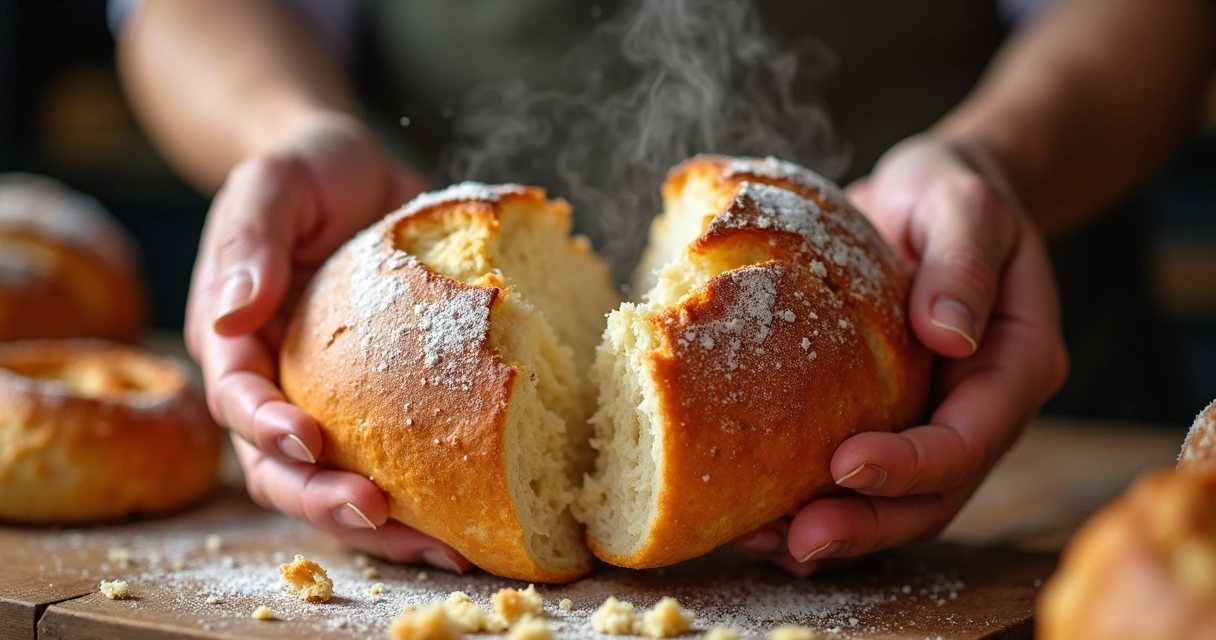 Mãos quebrando pão com textura crocante 