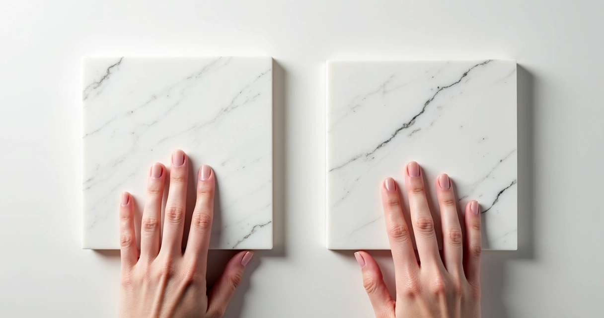 Comparação de textura entre quartzo branco fosco e polido lado a lado 