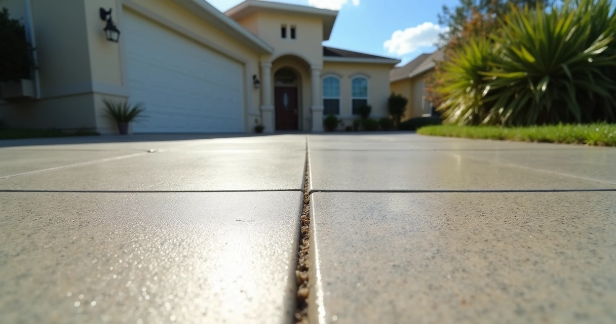Florida patio showing contrast between smooth and broom-finish concrete glare in sun 