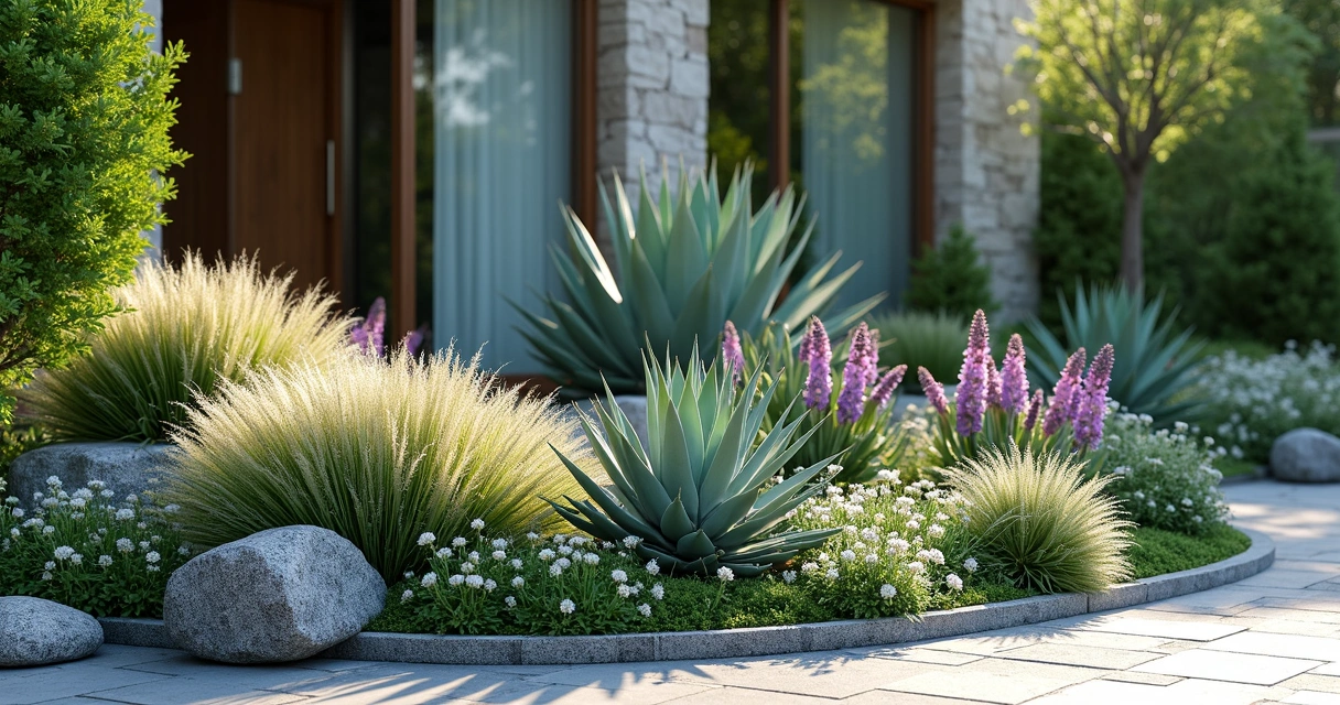 Textured plants and blooming flowers in a modern landscape 