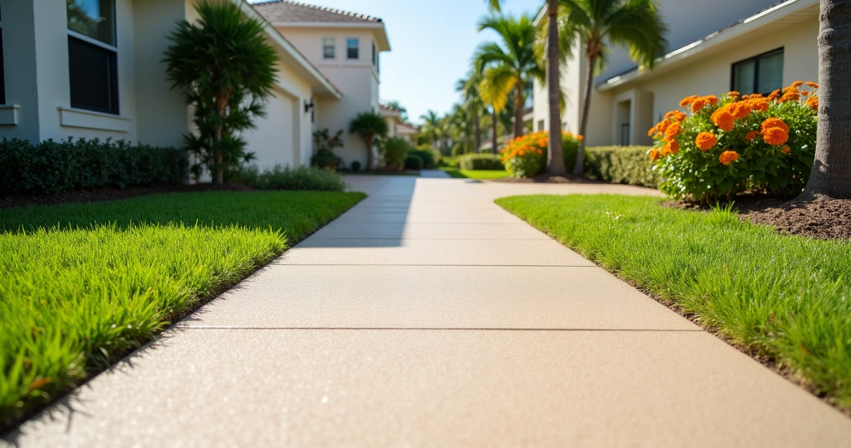 Textured polymer overlay sidewalk in front of house 