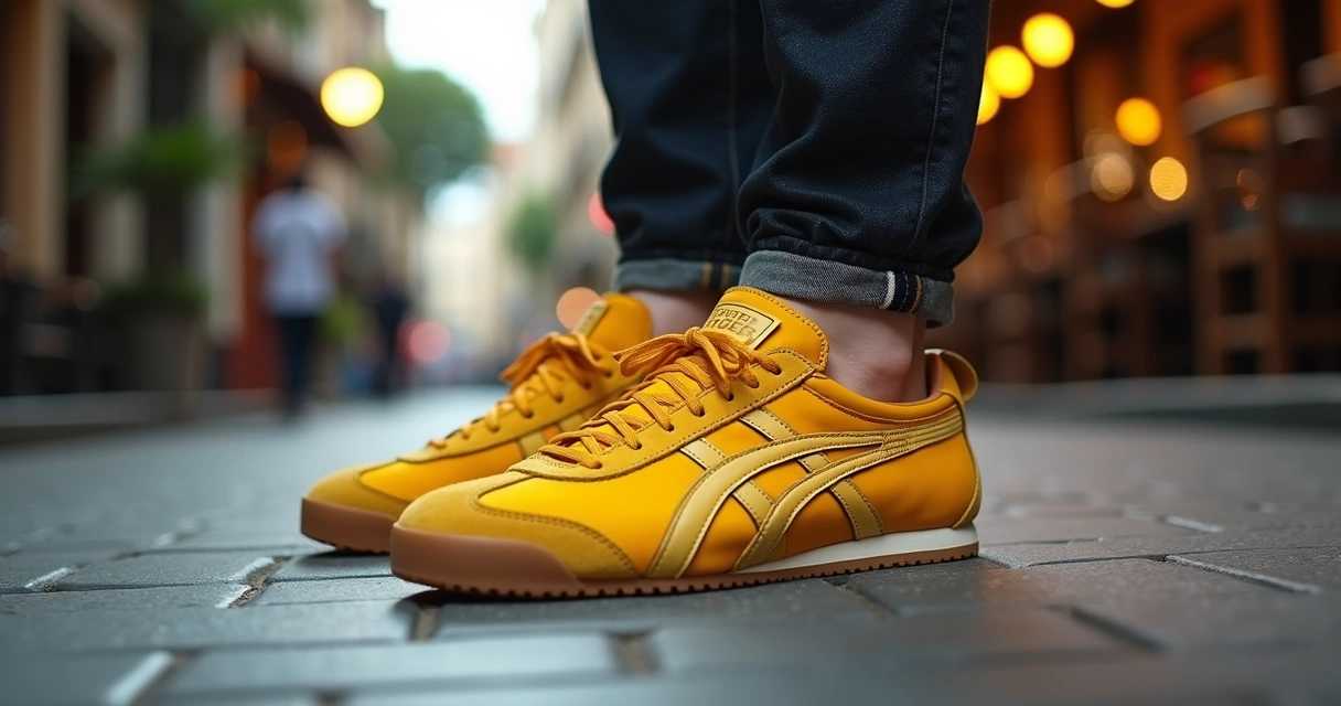 Foto de Onitsuka Tiger amarelo em street style nos Jardins de São Paulo 