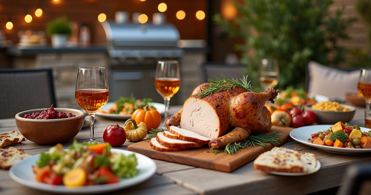 Thanksgiving feast on outdoor BBQ table with turkey and side dishes