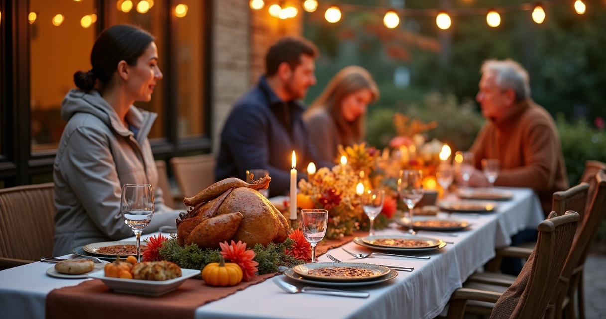 Thanksgiving dinner table set outdoors with autumn decor