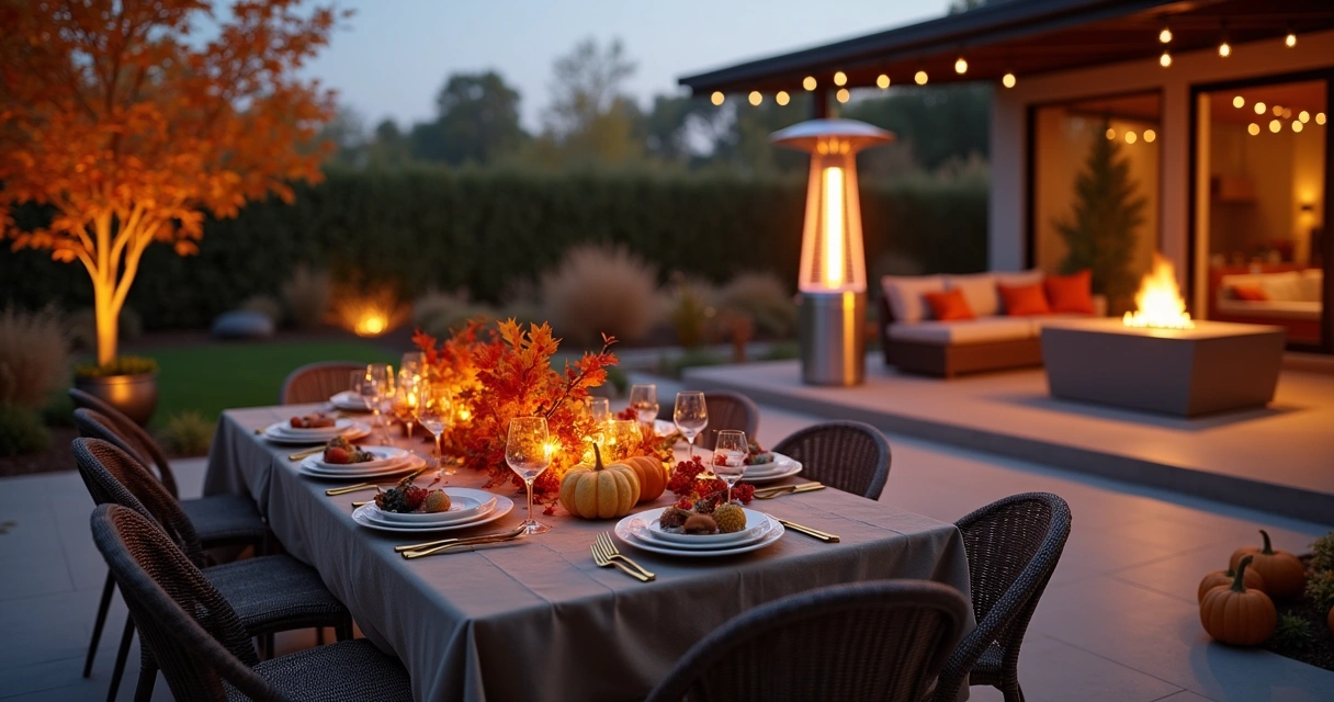Thanksgiving table setting outdoors with heater and fire feature