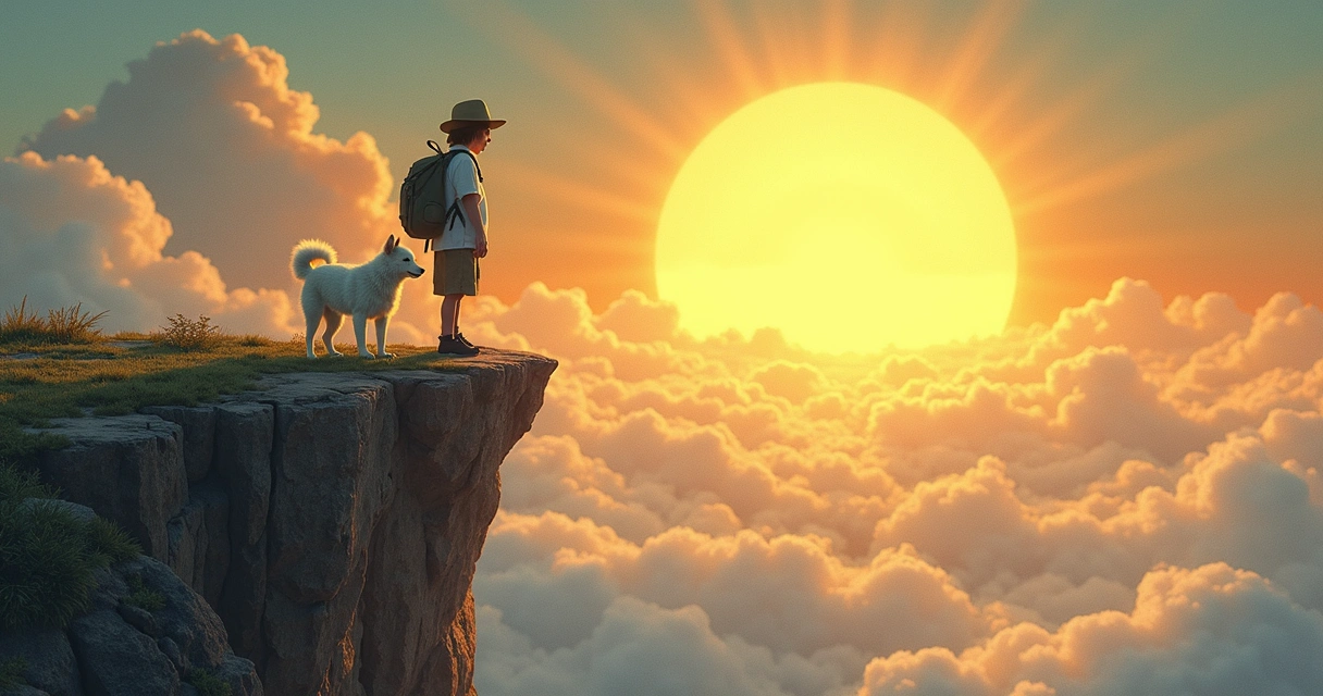The Fool tarot card showing a young traveler on a cliff edge with a white dog and a sunlit sky 