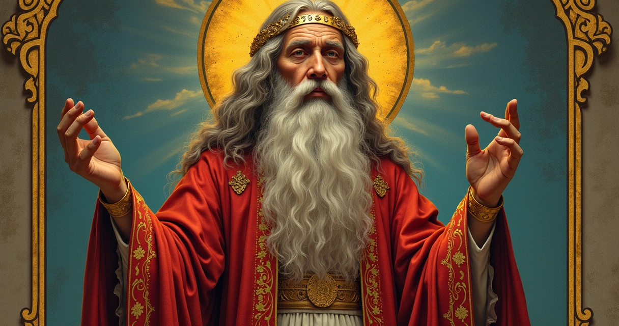 The Hierophant tarot card showing a spiritual figure with traditional robes and religious symbols 
