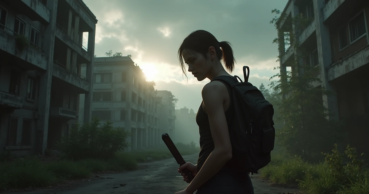 Uma jovem mulher segura uma faca enquanto observa uma cidade em ruínas com vegetação e um zumbi ao fundo.