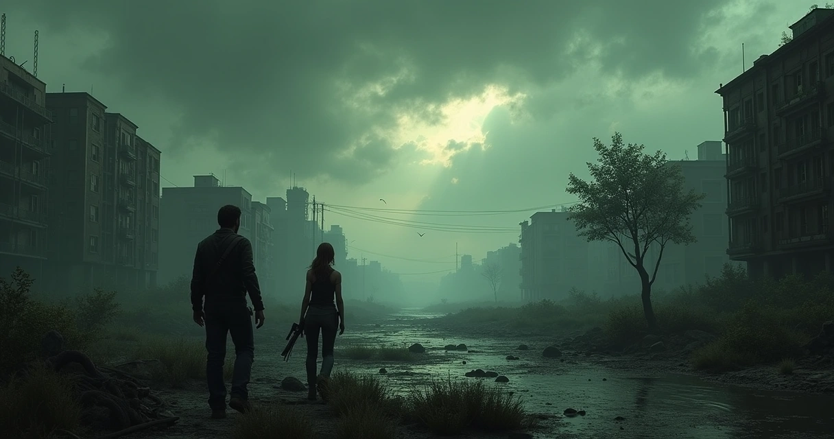 Joel e Ellie em um mundo pós-apocalíptico com cidade em ruínas e natureza crescendo entre destroços.