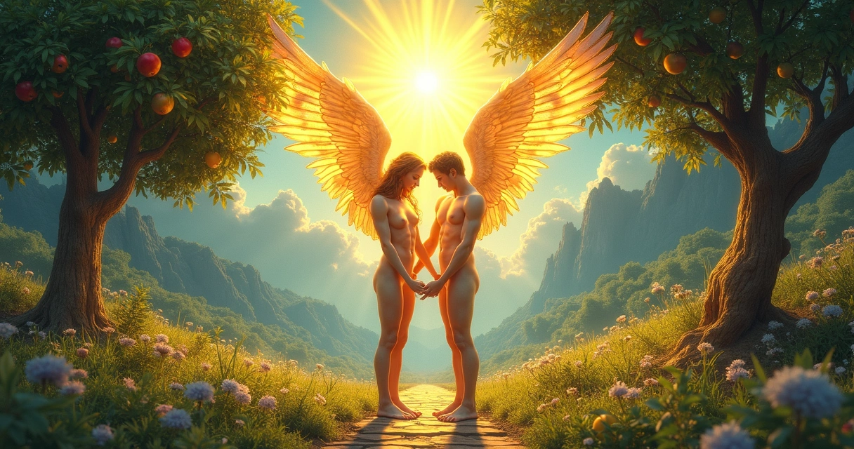 The Lovers tarot card scene showing two nude figures standing under an angel with lush garden background and a radiant sun 