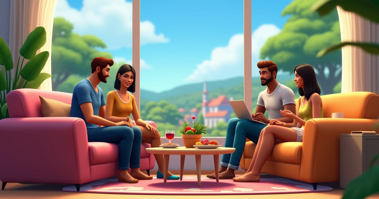 Família de Sims em uma sala colorida interagindo, com uma vista ensolarada da vizinhança.